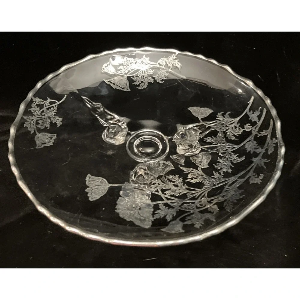 VTG Silver City Flanders Silver Overlay Glass Footed Tray Poppy Floral Design